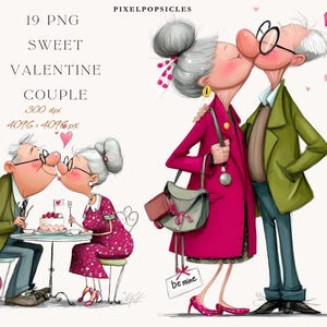May include: A digital illustration of a sweet Valentine couple kissing. The image shows an elderly couple in love, with the text "19 PNG Sweet Valentine Couple" at the top. The couple is depicted in a cartoon style, with the woman wearing a pink coat and the man in a green jacket.