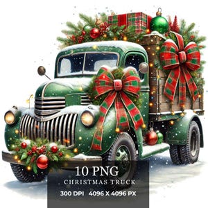 May include: A vintage green truck decorated for Christmas with a large red and green bow, presents, and evergreen branches. The truck is covered in snow and has a wooden bed filled with Christmas gifts.