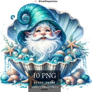 Beach Gnome Clipart, 10 PNG Shell Summer Watercolor, Junk Journal, Card Making, Gift Tag, Digital Images Sublimation Printable