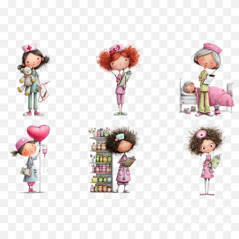 Puede incluir: Seis ilustraciones de enfermeras de dibujos animados en varias poses. Las enfermeras visten uniformes rosas o verdes y gorros con una cruz roja. Algunas sostienen equipos m&eacute;dicos, un osito de peluche o una carpeta.