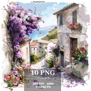 Watercolor Village Clipart: Printable PNG Illustrations (Digital Download)