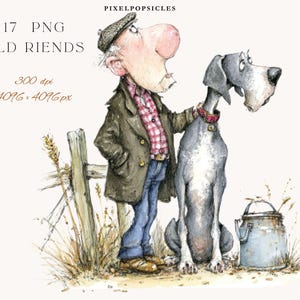 Może przedstawiać: Akwarelowa ilustracja starszego mężczyzny z psem rasy dog niemiecki. Mężczyzna ma na sobie czapkę, płaszcz i koszulę w kratę. Pies ma czerwoną obrożę. Obraz zawiera tekst "17 PNG OLD FRIENDS".