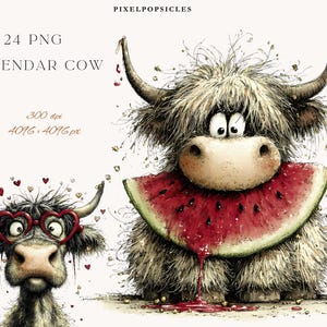 Op de afbeelding: Digitale illustratie van twee cartoonkoeien. Eén koe draagt een hartvormige bril en de andere eet een plak watermeloen. De afbeelding bevat de tekst "24 PNG CALENDAR COW" en "300 dpi 4096 x 4096 px".