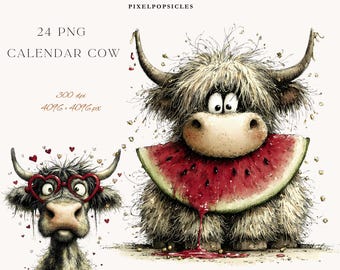 May include: Digital illustration of two cartoon cows. One cow wears heart-shaped glasses and the other is eating a watermelon slice. The image includes the text "24 PNG CALENDAR COW" and "300 dpi 4096 x 4096 px".
