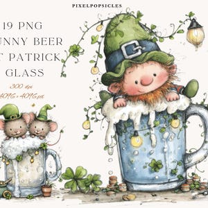 May include: Watercolor illustration featuring a leprechaun and two mice in mugs of beer, adorned with shamrocks and fairy lights. The image includes the text "19 PNG FUNNY BEER ST PATRICK GLASS".