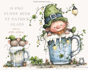 Quirky Funny St Patrick glass Clipart: St. Patrick's BEER PNG Illustrations