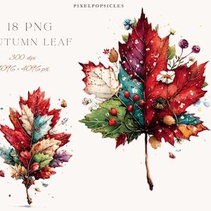 May include: Watercolor illustration of two autumn leaves. The leaves are primarily red, with accents of green, white, and blue. The leaves are decorated with small flowers and berries. The text "18 PNG Autumn Leaf" is at the top.