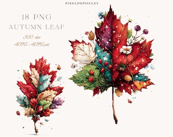 May include: Watercolor illustration of two autumn leaves. The leaves are primarily red, with accents of green, white, and blue. The leaves are decorated with small flowers and berries. The text "18 PNG Autumn Leaf" is at the top.