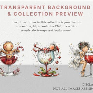 Peut inclure: Trois illustrations sur le th&egrave;me de No&euml;l repr&eacute;sentant un bonhomme en pain d'&eacute;pice dans un verre &agrave; vin avec des sucres d'orge, un elfe dans un verre avec des boules, et un ange appuy&eacute; sur un verre rempli de liquide rouge, avec des d&eacute;tails festifs.