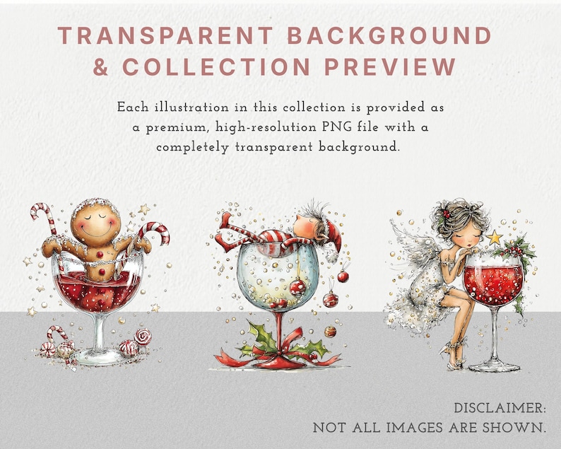 Peut inclure: Trois illustrations sur le th&egrave;me de No&euml;l repr&eacute;sentant un bonhomme en pain d'&eacute;pice dans un verre &agrave; vin avec des sucres d'orge, un elfe dans un verre avec des boules, et un ange appuy&eacute; sur un verre rempli de liquide rouge, avec des d&eacute;tails festifs.