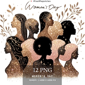 12 Empowering Woman's Day Clipart, Joyful Clipart, Femininity, Strength, Unity, Vibrant Colors, Diverse Culture Women Portraits