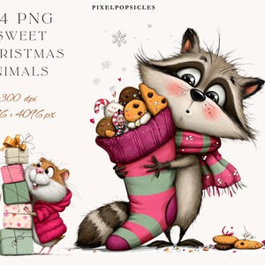 Può includere: Illustrazione digitale di un procione con sciarpa, che tiene una calza di Natale piena di biscotti e caramelle. Un criceto con un cappotto rosso impila regali. Il testo "24 PNG Sweet Christmas Animals" è incluso.
