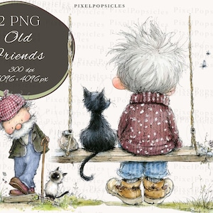 May include: A watercolour illustration depicting two elderly figures and two cats. One figure leans on a cane, wearing a hat and overalls. The other sits on a swing with a black cat. The image includes the text "Old Friends".