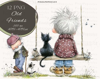 May include: Watercolor illustration featuring two elderly figures and two cats. One figure leans on a cane, wearing a hat and overalls. The other sits on a swing with a black cat. The image includes the text "Old Friends".