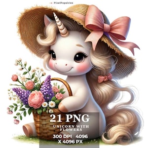 Floral Unicorn Clipart: Pastel Watercolor PNG Graphics (Commercial Use)