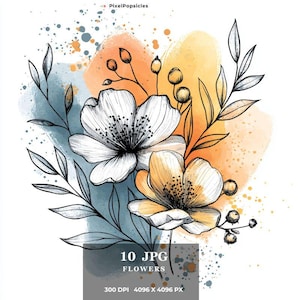 10 Boho Boho Clipart, Blumen Wandkunst, druckbare Aquarell Clipart, hochwertige JPGs, digitaler Download, Papiermodell, Junk Journal