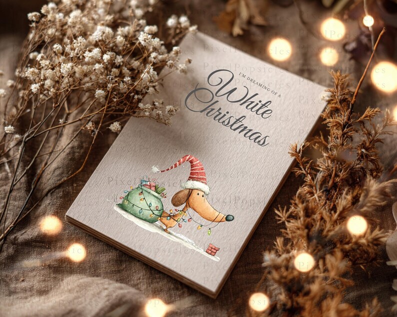 May include: A rectangular greeting card with a light beige textured surface featuring the text I'M DREAMING OF A White Christmas and an illustration of a brown dachshund wearing a red and white striped Santa hat, pulling a green sack.