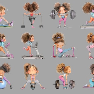 May include: A set of 10 digital illustrations featuring cartoon girls exercising. The girls are doing various exercises, including lifting weights, running on treadmills, and using resistance bands. The illustrations are in a cartoon style and are colourful and fun.