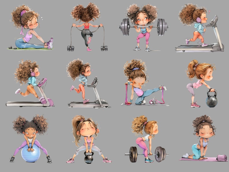 May include: A set of 10 digital illustrations featuring cartoon girls exercising. The girls are doing various exercises, including lifting weights, running on treadmills, and using resistance bands. The illustrations are in a cartoon style and are colourful and fun.