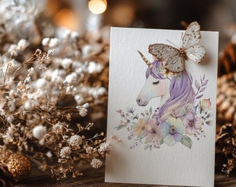 水彩画風ユニコーンのクリップアート、紫色のたてがみ、花柄の子供部屋