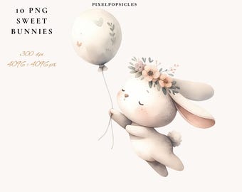 10 Sweet Bunnies Flying on Balloons PNG - Easter Bunny - Spring Floral Bouquets - Nursery Decor with Cute Baby Animals - Commercial Use