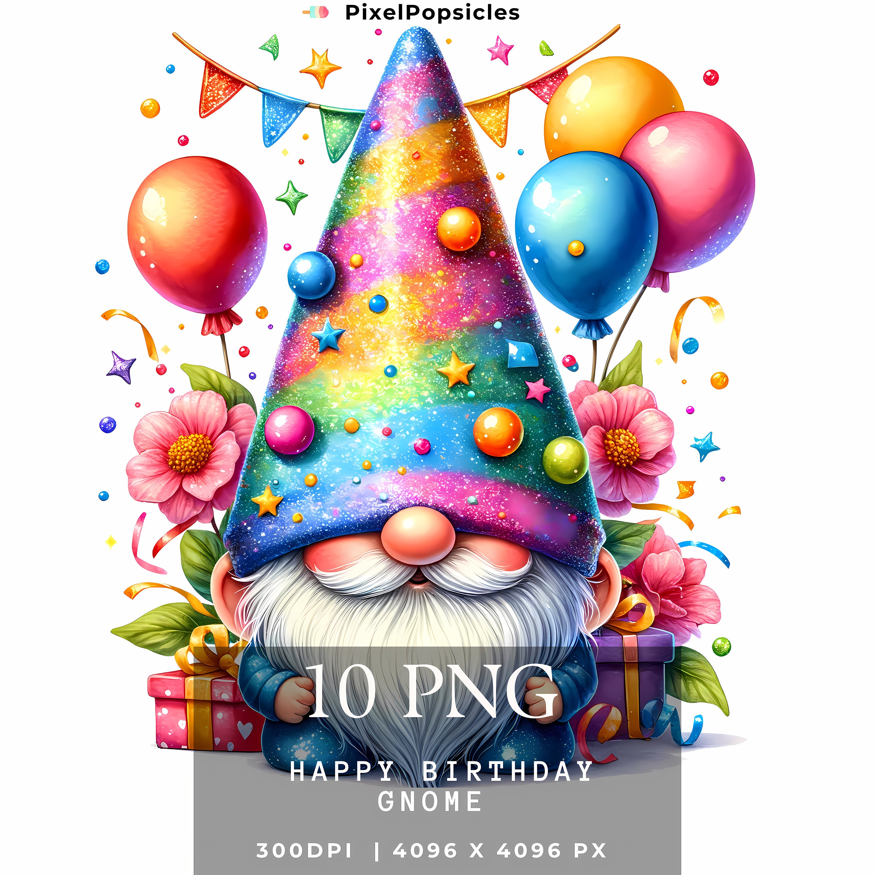 10 Birthday Gnome Clipart, Gnome PNG Watercolor, Junk Journal, Card Making, Gift Tag, Digital Images Sublimation Printable