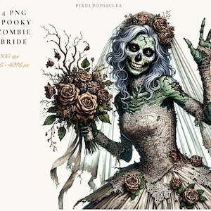 Zombie Bride Doll Clipart: Gothic Halloween PNG Set (Digital Download)