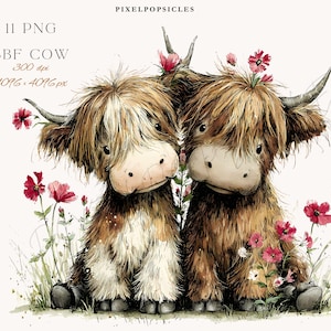 Puede incluir: Ilustración en acuarela de dos vacas de las Tierras Altas con largo pelaje marrón y lanudo, adornadas con flores rosas. La imagen incluye el texto "BBF COW" y "PIXELPOPSICLES". Las vacas están en un campo de hierba y flores.