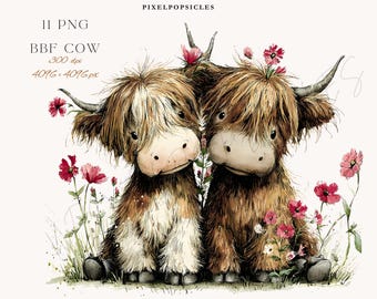 Whimsical BBF Cow Clipart: Summer cow Watercolor PNG Bundle (Digital Download)