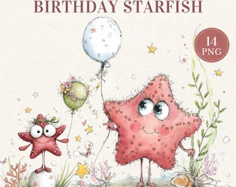Birthday Starfish Clipart Bundle | 14 PNG Transparent | Sea Star Birthday |