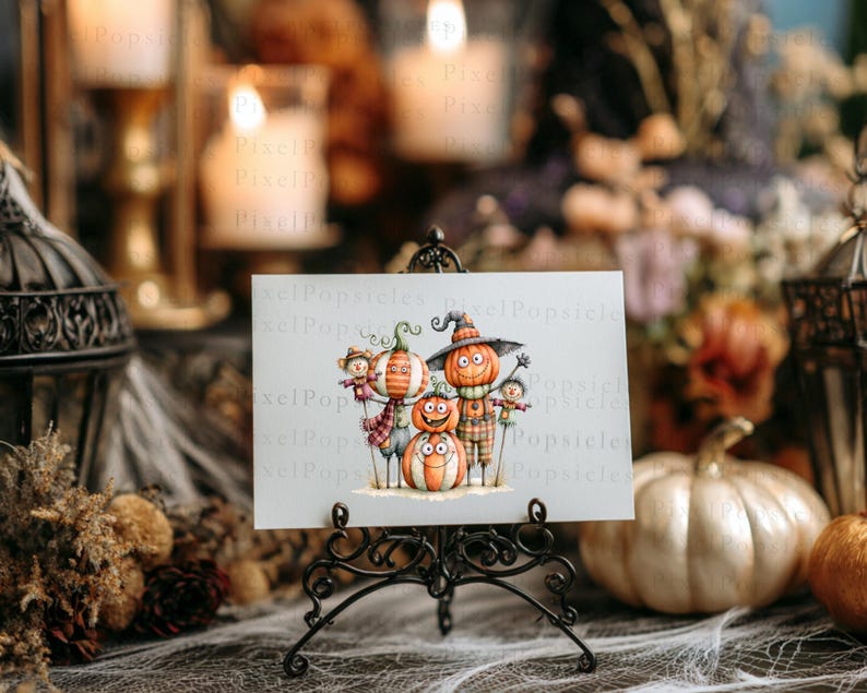 May include: A rectangular white card featuring a whimsical illustration of four stacked and standing pumpkins with faces, wearing hats and scarves, displayed on a black metal easel stand. The pumpkins are orange, white, and striped.