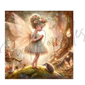 May include: A fairy with delicate wings and a floral crown stands in a forest setting. She is holding a small object in her hands. There are butterflies and a hedgehog in the scene.