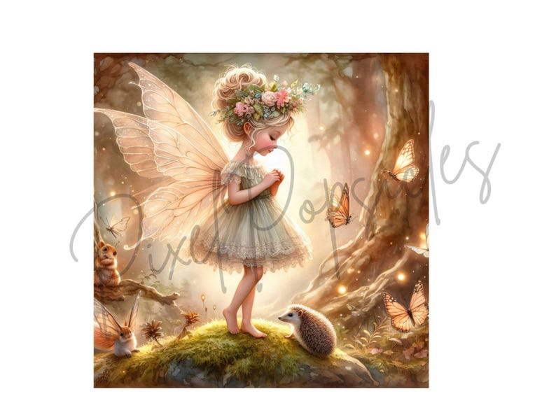 May include: A fairy with delicate wings and a floral crown stands in a forest setting. She is holding a small object in her hands. There are butterflies and a hedgehog in the scene.