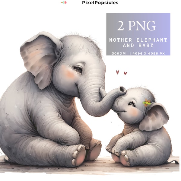 Baby Elephant and mom, 2 PNG clipart, Family of Elephants, Safari Nursery Print, Wall Art, Gift for mom and dad, Digital Download