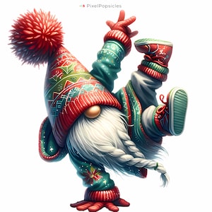 May include: A festive gnome wearing a red and green knitted hat with a white pom-pom, a green and red sweater, and red and white sneakers. The gnome is doing a handstand with one leg raised in the air.