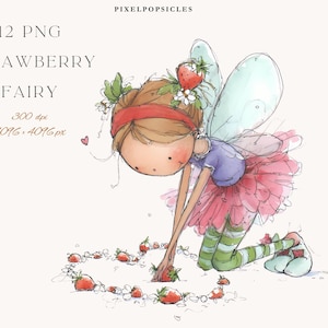 May include: Watercolor illustration of a strawberry fairy. The fairy is kneeling, wearing a pink tutu, blue top, and green and white striped leggings. The fairy is surrounded by strawberries. Text at the top reads "PIXELPOPSICLES" and "12 PNG STRAWBERRY FAIRY".