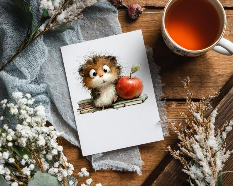 May include: A greeting card featuring a whimsical illustration of a fluffy, brown and white creature with large eyes, perched on a stack of books next to a red apple. The card is on a blue cloth with white flowers and a cup of tea.