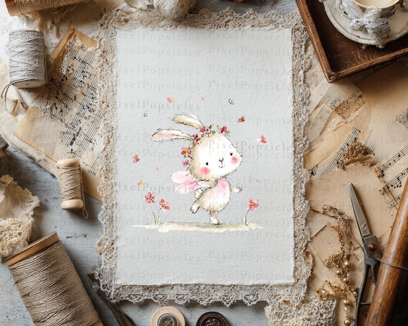 Op de afbeelding: Een rechthoekig stuk gestructureerd papier met een kanten rand, voorzien van een aquarelillustratie van een klein, lichtgekleurd konijntje met een bloemenkrans en roze fee&euml;nvleugels, omringd door kleine roze bloemetjes en vliegende insecten.