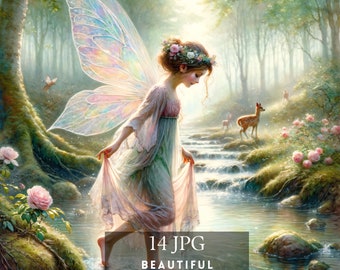 May include: A fairy with iridescent wings stands in a stream in a forest. She is wearing a white dress with a floral crown. There are deer and flowers in the background. The image is titled "14 JPG Beautiful Fairy 300DPI | 4096 X 4096 PX".