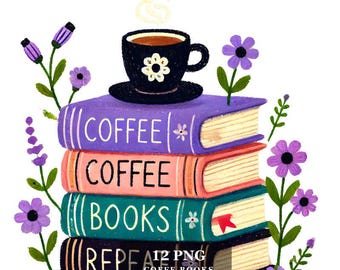 Puede incluir: Una pila de cuatro libros con las palabras "Coffee", "Coffee", "Books" y "Repeat" en las portadas. Una taza de café con vapor que sale de ella se encuentra encima de los libros. Flores moradas rodean los libros y la taza de café.
