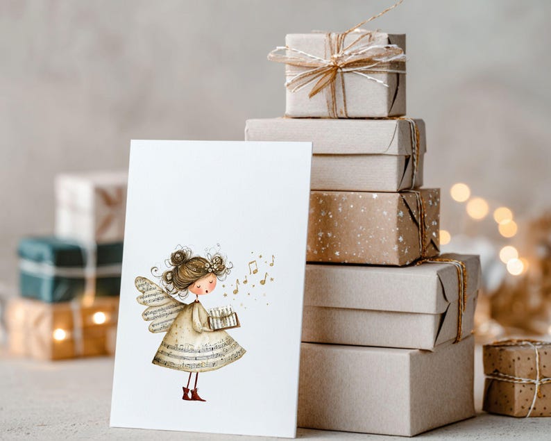 May include: A greeting card featuring a whimsical illustration of an angel holding a music box, with musical notes floating around her. The card is set against a backdrop of stacked, wrapped gift boxes tied with twine, suggesting a festive occasion.