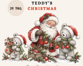 Raccolta di clipart natalizie ad acquerello di Babbo Natale e orsacchiotti (39 file PNG)