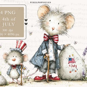 Pode incluir: Ilustração em aquarela com dois ratos antropomórficos celebrando o 4 de julho. Um rato usa um chapéu de cartola patriótico e um casaco, o outro uma gravata borboleta e um casaco. Uma grande rocha exibe a bandeira americana e o texto "4 July".