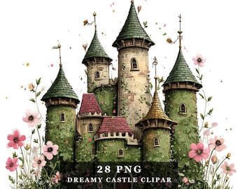 Bundle de cliparts château aquarelle : 28 fichiers PNG floraux de rêve (téléchargement numérique)