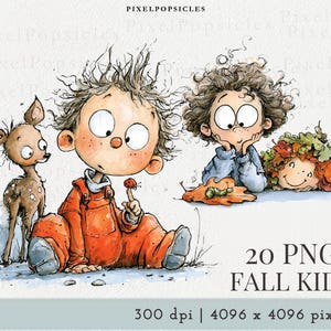 Könnte beinhalten: Aquarellillustration mit drei Cartoon-Kindern und einem Reh. Ein Kind trägt eine orangefarbene Latzhose und hält einen Marienkäfer. Ein anderes Kind ist von Herbstblättern umgeben. Der Text "20 PNG FALL KIDS" ist sichtbar.