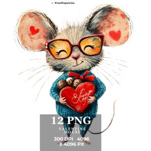 12 Valentines Quirky Mouse Clipart PNG Bundle,Love Animals , Cute Valentines day Mouse Clipart, Commercial Use, Digital Instant Download