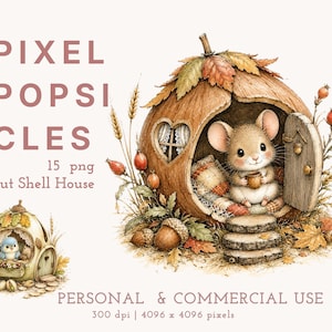 May include: Digital illustration set titled PIXEL POPSICLES featuring a mouse in a nut shell house with a heart-shaped window, a plaid blanket, and wooden steps. A smaller image shows a blue bird in a similar house. Text includes 15 png, Nut Shell House.