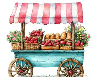 May include: A watercolor illustration of a blue market cart with a red and white striped awning. The cart is filled with strawberries, bread, and flowers. The cart has wooden wheels and is sitting on a cobblestone street.