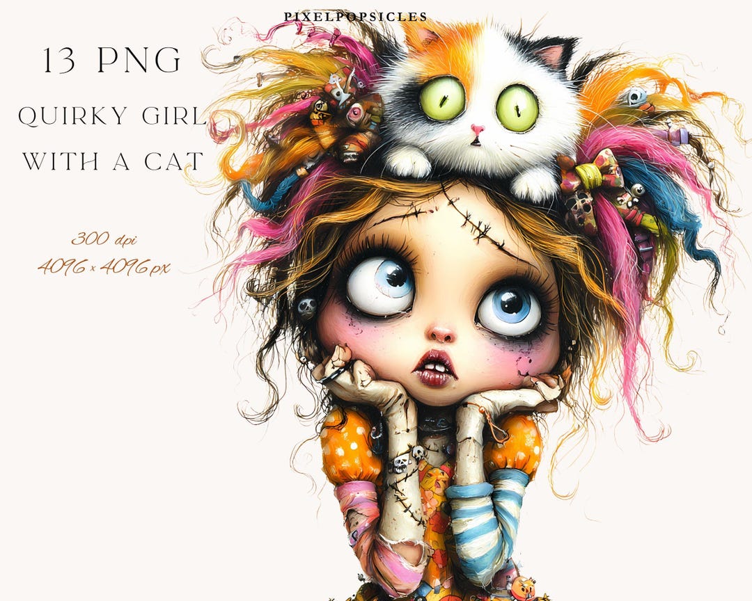 13 Png Quirky Girl With a Cat Clipart: Whimsical Digital Art (PNG) # - Etsy