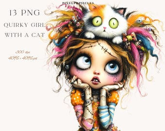 13 png Quirky Girl with a Cat Clipart: Whimsical Digital Art (PNG) #